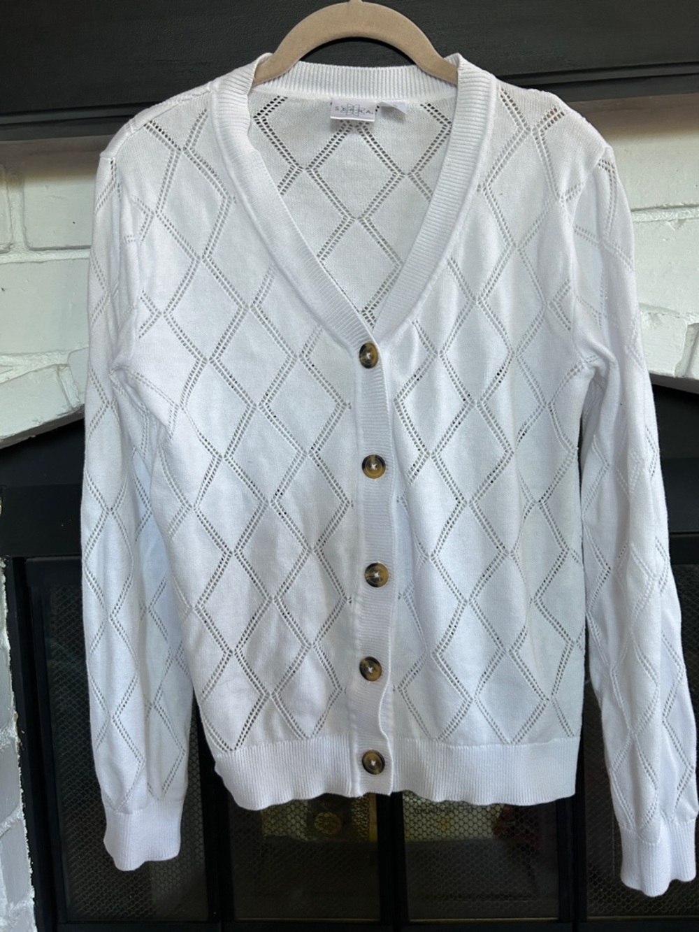 Serra White Diamond-Knit Button Cardigan